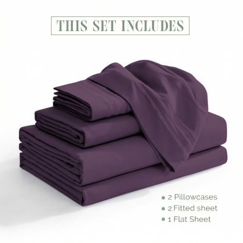 Image of Elegant Comfort Luxury 1500 Premium Hotel Quality Microfiber 5-Piece Sheet Set - Wrinkle Resistant, All Around Elastic Fitted Sheet, Deep Pocket up to 16 inch, Split King, Eggplant-Purple
