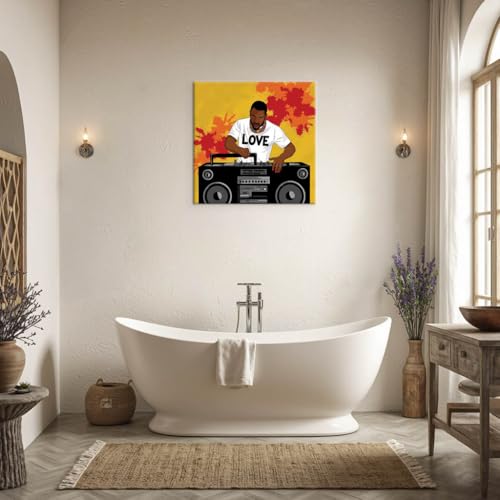 Novup African American Dj Art Wall Canvas Print Decor Pictures Painting Artwork Love Boombox Music Urban Pop Vibrant Yellow Red Orange Living Room Bedroom Apartment 16X16Inch