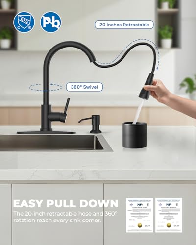 Image of WEWE Kitchen Faucet with Soap Dispenser and Pull Down Sprayer, RV Single Handle Classic 3 Modes Stainless Steel Faucet for Kitchen Sink, RV, Matte Black