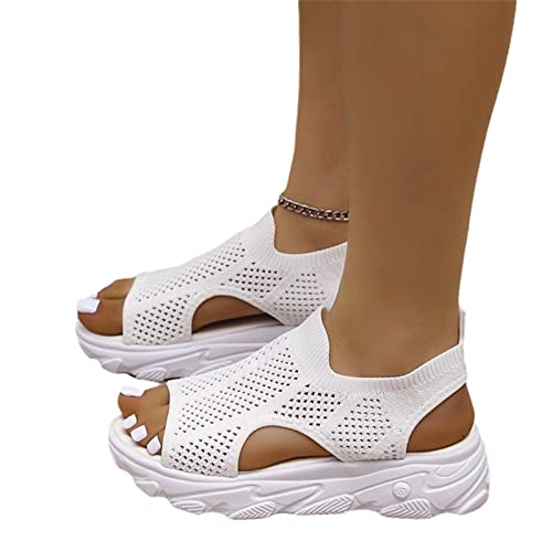 MIYYO Strick Mesh Sport Sandalen Für Damen Sommer Orthopädische Sandaletten Gummi Plateau Strandsandals Student Freizeit Flache Walkingschuhe (Color : White, Size : 39 EU)