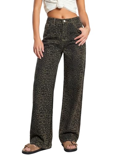 Baggy Jeans Womens Wide Leg Trendy High Waist Leopard Print Loose Fit Straight Denim Pants Y2k Vintage Style Casual