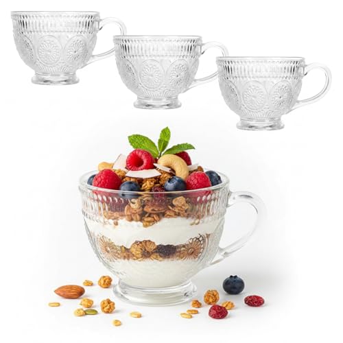 Oceano Juego de 3 tazas de cristal de estilo vintage retro en relieve con motivos florales de cristal transparente de alta calidad para agua, cóctel, desayuno y postre, lavable en lavavajillas (juego