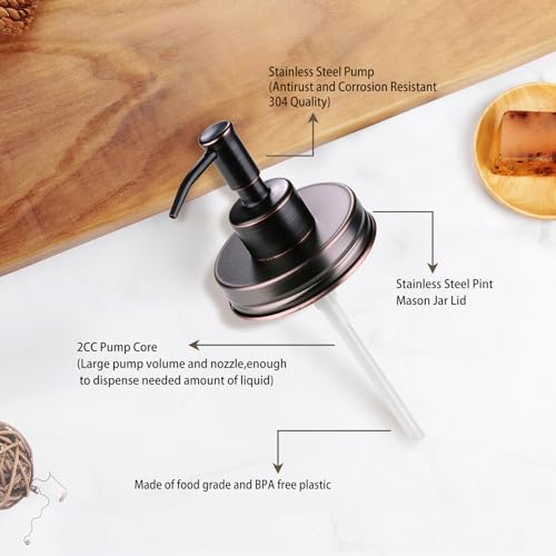 Image of Amolliar Mason Jar Liquid Soap Dispenser Pump, RustProof Stainless Steel Lid, Refill Liquid Soap Pump for Kitchen, Bathroom, Hand, Dish, Lotion Soap Pump, Cute Farmhouse Decor, Oil Rubbed Bronze 2Pack