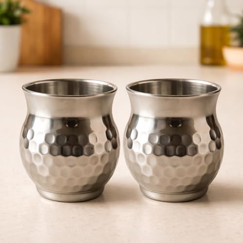 Image of STEEPLE Stainless Steel Kulhad Tea Cups 170 ml | Premium Hammered Tea & Coffee Cups | Steel Kulhad for Chai, Milk, Juice | Drinking Cups for Home & Office (Set of 2)