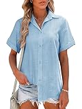 HOTOUCH Women Summer Button Down Shirt Short Sleeve Cotton Blouses Button Up Tops Beach Vacation Outfits Clear Blue X-Large