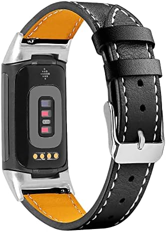 AISPORTS Leather Strap Compatible with Fitbit Charge 5 Strap for Women Men, Soft Breathable Leather Sport Wristband Metal Classic Buckle Bracelet Replacement Strap for Fitbit Charge 5 Activity Tracker
