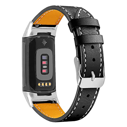 AISPORTS Leather Band Compatible with Fitbit Charge 5 Band for Women Men, Soft Breathable Leather Sport Wristband Metal Classic Buckle Bracelet Replacement Band for Fitbit Charge 5 Activity Tracker