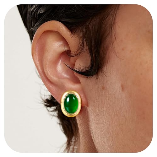 18K Yellow Gold Plated Oval Cut Emerald Agate Large Stud Earrings Ear Jewelry for Women2