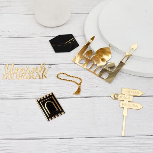 Paxrmuky Golden Muslim Umrah Mubarak Topper Hajj Mubarak Cake Topper e Charm Set di 6 pezzi