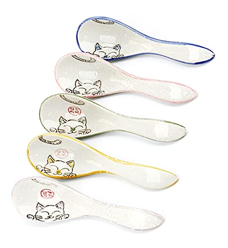 Mozacona 5Pcs Ceramic Soup Spoons Lucky Cat Hand Painted Dessert Spoons #TOP19