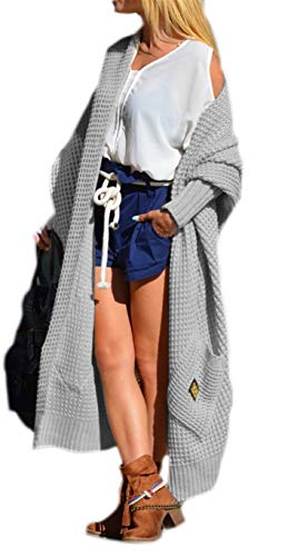 Mikos* Damen Strickjacke Pullover Cardigan Asymmetrisch Strickjacke Lang Langarm Oversize Frühling Winter Herbst Strickcardigan Strickmantel Cardigan Lange Mantel 36 38 40 S M L (658)(Grau) Cover