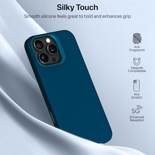 Image of eller sante Silicon Back Cover Case for iPhone 16 Pro Scratch Resistant TPU Shockproof 6ft Feet Drop Protection Support Mag-Safe Wireless Charging- Blue