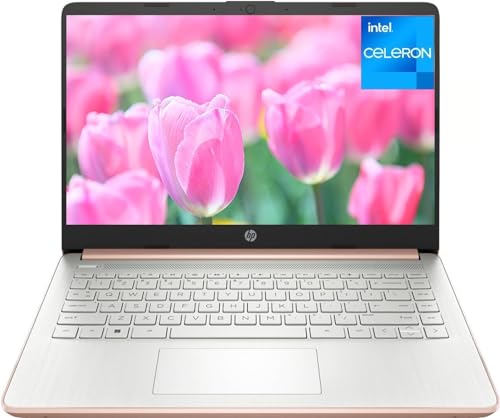 HP 14 Inch Laptop for College Students 2024 , Ultral Light Rose Gold Laptops for Business, Intel Celeron N4120, 16GB RAM + 320GB Storage (64GB eMMC+256GB MSD), 1-Year Office 365, Windows 11 S