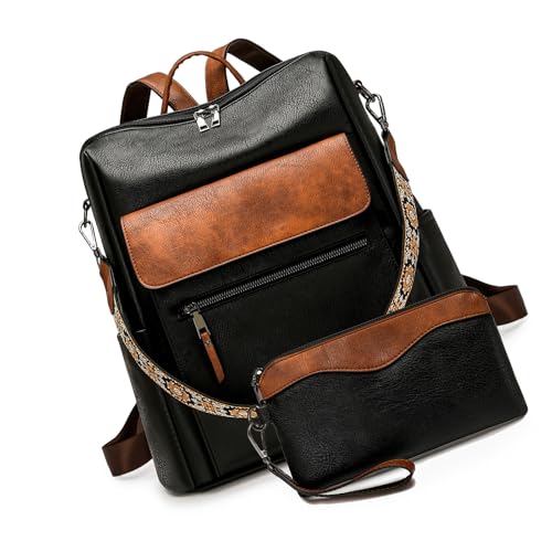 Mochilas para mujer de piel sintética bolso de hombro negro con marrón