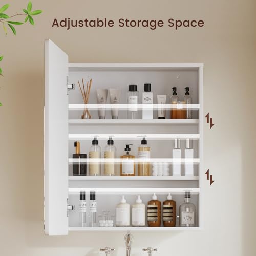 Image of TEENFON Medicine Cabinet Mirror with 2 Adjustable Shelves, Bathroom Mirror with Storage, Recessed or Wall Mount Bathroom Cabinet, Wood Bathroom Wall Cabinet, White, 23.6'' x 17.7''