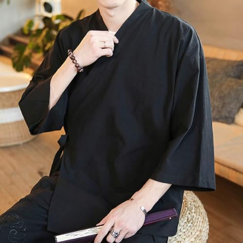 Image of Men's Chinese style linen cardigan jacket loose kimono jacket solid color self-tie Hanfu traditional clothing (Black, XL)