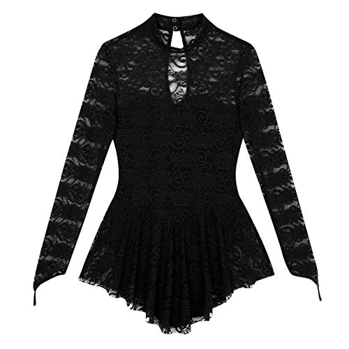 Hedmy Lyrical Women's Adult Figure Ice Skating Dress Long Sleeves Spandex Gymnastics Leotard Dress Black X-Large #TOP5