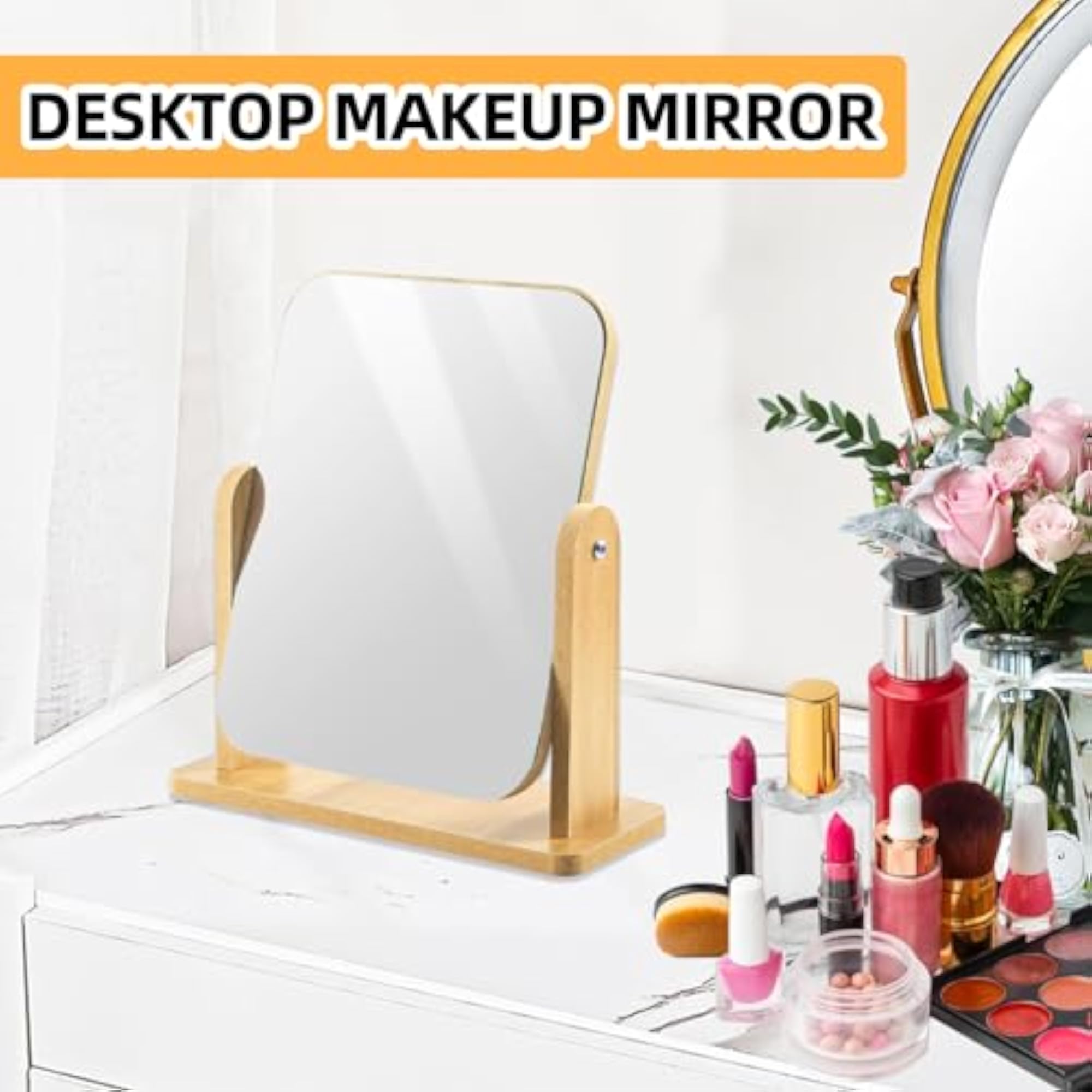 360 Degree Rotation Makeup Mirror Standing Wooden Table Mirror