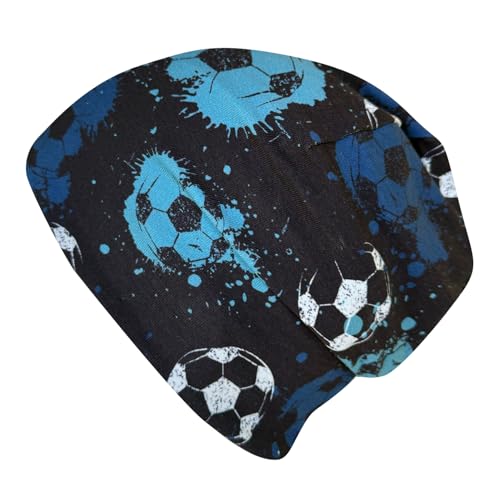 Wollhuhn Kinder Beanie Mütze Shorties aus Baumwolle zweilagig wendbar Mädchen & Jungen aus Deutschland alle Jahreszeiten (DE/NL/SE/PL Numerisch 52 54 Fußball Blautöne)