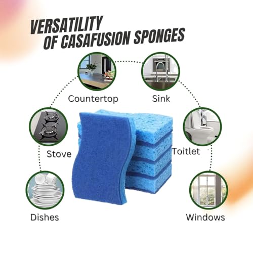 Image of Non-Scratch Cellulose Scrub Sponges, Multipurpose ECO Friendly Plant Based Kitchen Cleaning Sponges, Dual-Sided, with Pan and Grill Scrappers, 12 Pack Blue, Green and Pink