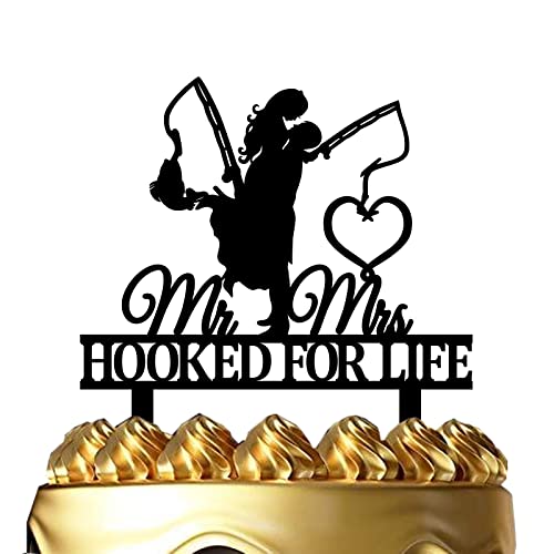 Funny Fishing Wedding Cake Topper - HOOKED FOR LIFE - Groom Hugging Bride Fishing Couple Cake Topper, Mr&Mrs Wedding Cake Topper (Fishing Couple)