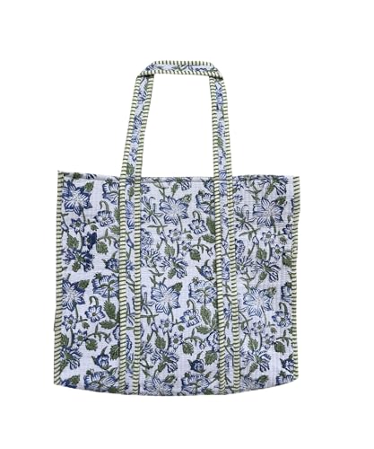 Image of Quilted Cotton Hand printed Reversible Large multicolor cotton Tote Bag,Indian Handmade Block Printed Tote Bag Women Handbag