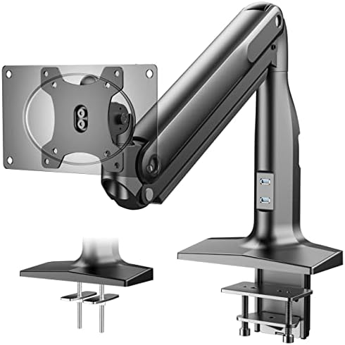 PUTORSEN Single Monitor Arm Desk Mount for 17-43 inch Flat & Curved Screens, Heavy-duty Aluminum Gas Spring Monitor Mount up to 18KG, with 2x3.0 USB port, Max VESA up to 200x100