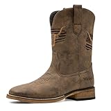 MacePhenoMelon Cowboy Boots For Men Square Toe Brown Western Men's Boots Vegan Leather Durable Pull On Country Short Boots DBR-10.5