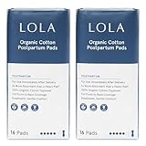 LOLA Organic Cotton Postpartum Pads - Max Absorbency for Postpartum Bleeding - Extra-Long Overnight Pads for Women - Pregnancy Hospital Bag Essentials - 32 Count