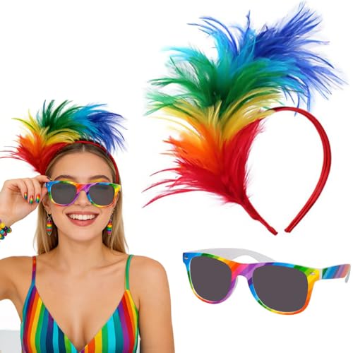 OIXEYA Bandeau à Plumes Colorées Comprend Des Lunettes de Couleur, Bandeau Fascinator à Plumes Serre-Tête Bibi à Plumes Serre-Têtes à Plumes des Années...