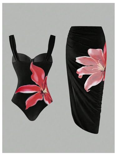 SweatyRocks Women's Floral Print One Piece Control Swimsuit Monokini with Cover Up Beach Skirts Swimwear2