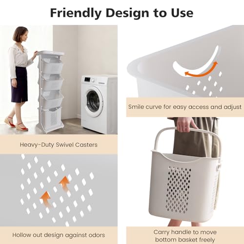BAOKALER 4-Tier Laundry Hamper Sorter, Vertical Rolling Laundry Baskets with Wheels Removable, Stackable Laundry Cart Organizer and Storage for Small Space, Dorm, Closet, Bathroom — view 4