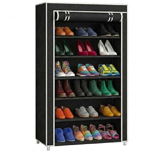 EASY BUY 6 Layer Black Shoe Rack with Cover, Plastic Rack 6 Shelves with Zip Door Cover & Side Pocket | Dustproof Storage Organizer for Footwear, Clothes, Toy, Shoe Rack Plastic, Slipper Stand