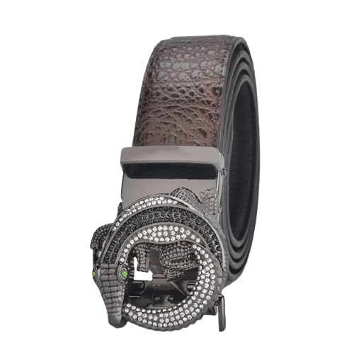 Men's Embossed Leather Ratchet Belt - Rhinestone Crocodile Automatic Buckle, Customizable Fit