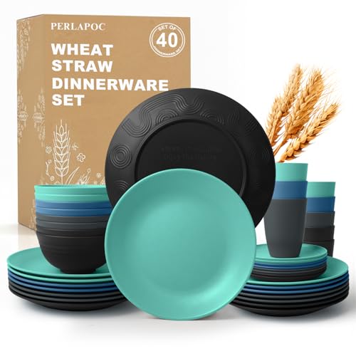 Image of 40 PCS Wheat Straw Plates and Bowls Sets,Dishware Set for 8,Unbreakable Kitchen Plates and Bowls Set for Travel Party Dishwasher & Microwave Safe Lightweight Plastic Dishes Set - Calm Tones