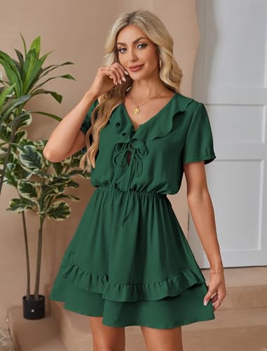 Image of Angashion Womens Tie Front Mini Dress V-Neck Ruffle Hem Summer Pockets