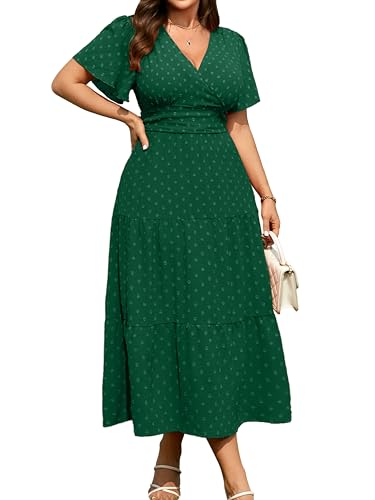 RWJ Womens Plus Size Wrap V Neck Dress Summer Short Sleeve Swiss Dot Empire Waist Casual Holiday Wedding Maxi Dresses Cocktail Boho Green 3X-Large