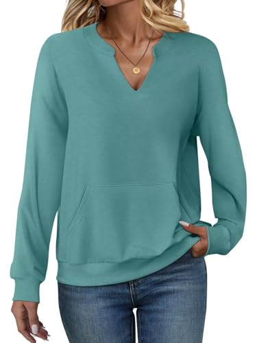 EADINVE Womens Casual Sweatshirts with Pockets Long Sleeve V Neck Lightweight Pullover Casual Loose Fit Tops Fall Clothes Teal