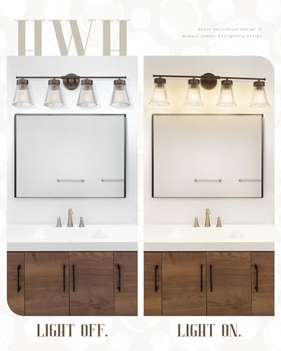 Image of 4-Light Bathroom Vanity Light, HWH Oil-Rubbed Bronze Bathroom Light Fixtures Farmhouse Vanity Lamp Over Mirror with Clear Striped Glass Shade, 5HZG97B-4W ORB