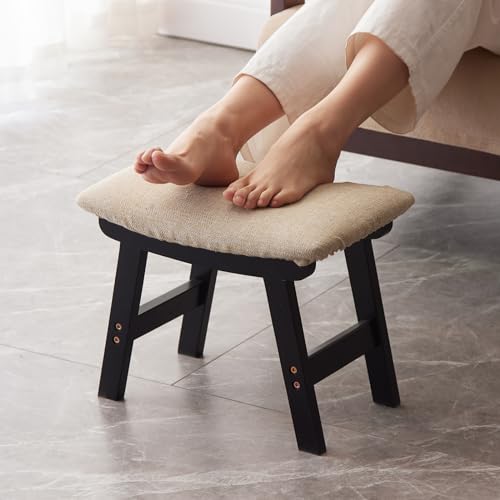 Kitsanery Foot Stool,Ottoman,Bamboo Small Sofa Foot Rest Under Desk,Extra Seating for Living Room, Bedroom and Kitchen (Black Stool Legs - Beige Surface)