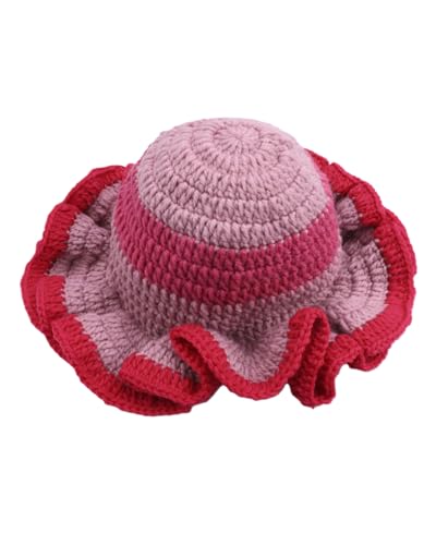 Image of Women Crochet Bucket Hat Cute Winter Ruffled Brim Floppy Cap Handmade Knit Cloche Hats