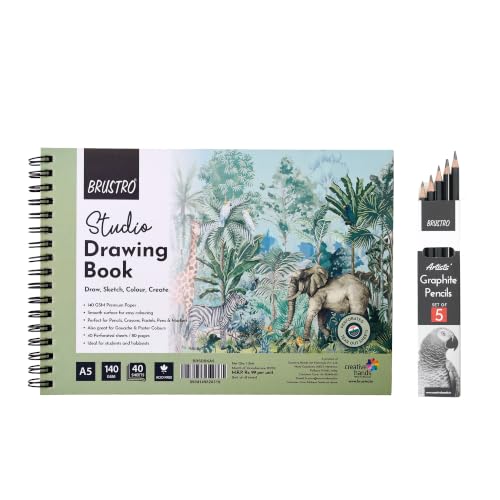 Image of BRUSTRO Artist's Graphite Pencil Set of 5,Pre-Sharpened,Break-resistant With Studio Drawing Book,Blank 80 Pages, Wiro Bound, A5(5.8x8.3 inches), 140 GSM,Perforated Sheets|Ideal for Sketching,Writing