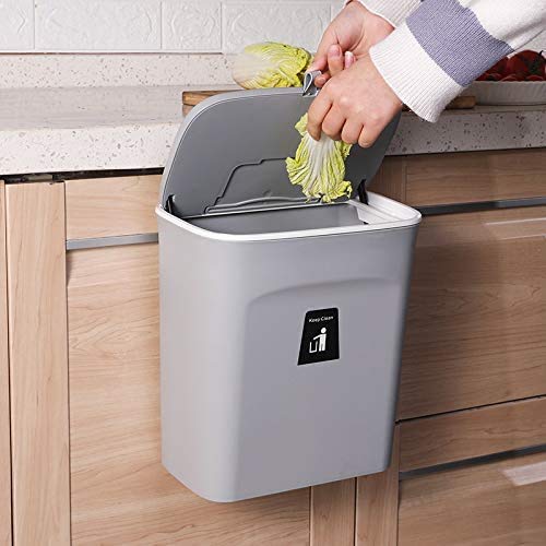 Image of 9L Large Foldable 2.4 Gallon Kitchen Compost Bin for Counter Top or Under Sink, Hanging Small Trash Can with Lid for Cupboard /Bathroom /Bedroom /Office /Camping, Mountable Indoor Compost Bucket (Gray)