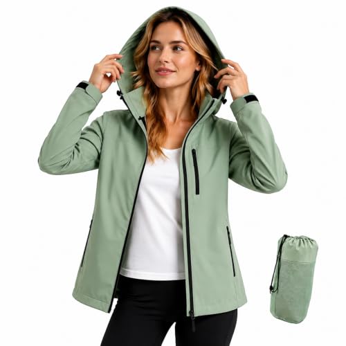 PYALT Regenjacke Damen 10000MM Wasserdicht Outdoorjacke Atmungsaktiv Übergangsjacke Leichte Jacke mit Kapuze Windbreaker zum Wandern Reisen Treking Fahrrad Light Green XL