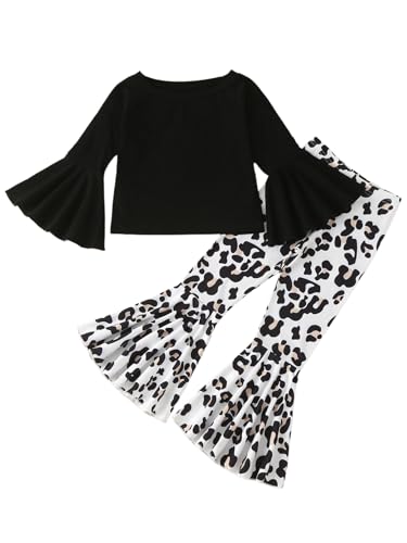 Image of WDIRARA Girl's 2 Piece Flounce Sleeve Top and Leopard Print Bell Leg Bottom Pants Set