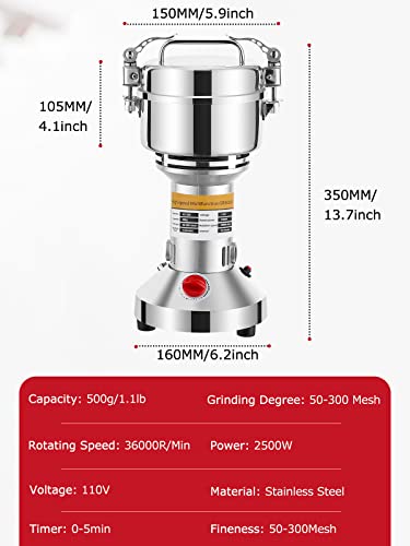 Moongiantgo 500G Grain Grinder Mill Electric Spice Grinder 2500W High-Speed Grinding Machine 50-300 Mesh Stainless Steel 110V Pulverizer Dry Grinder (Timer Switch) #TOP6