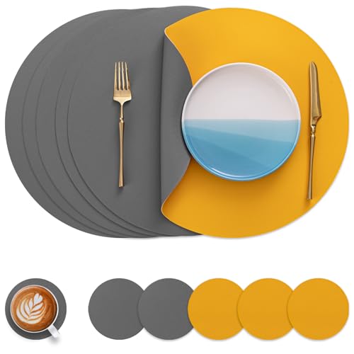 Myir JUN Tischsets 6er Set, Tischsets Abwaschbar Platzsets Rund Ø 38cm Platzdeckchen Rund Doppelseitigen rutschfest Platzsets Kunstleder Leder Tischset Lederoptik (Grau Gelb, 6er Set)