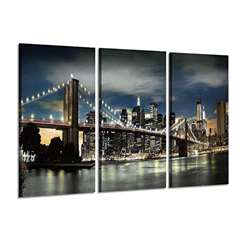 Artistic Path Cityscape Artwork Landscape Reflection Paintings : Nyc Brooklyn Bridge And Skyscrapers At Night Graphic Art Prints On Canvas For Office (60" W X 34" H X 3 Pcs, Multi-Sized) #TOP10