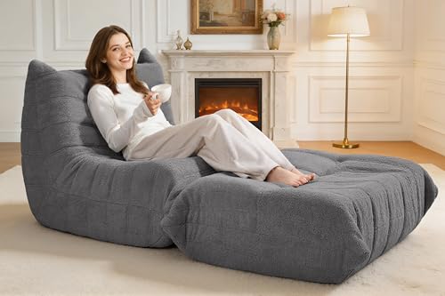 Image of Bean Bag Pouf Ottoman, Foot Stool, Foot Rest with Memory Foam Filled, Rectangle Ottoman for Living Room, Bedroom, Office (Grey Teddy)
