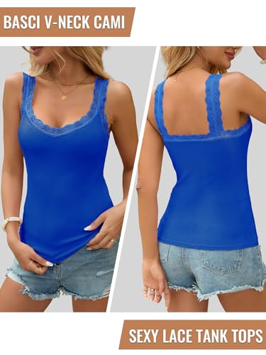 Image of Lace Camisole Tank Tops for Women V Neck Wide Strap Soft Ribbed Lace Trim Cami